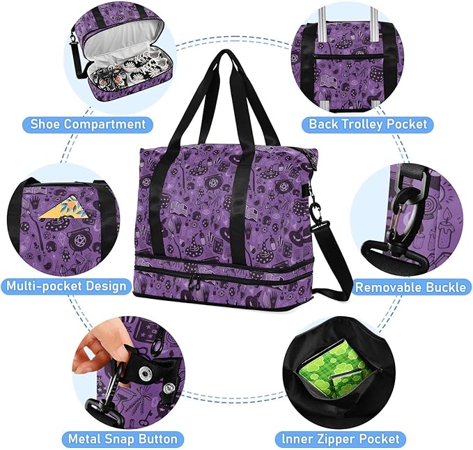 Halloween Witch Sports Gym Bag with Waterproof Dry Wet Pocket, Travel Duffel Bag for Women Men，Workout Bag Fits Yoga, Swimming