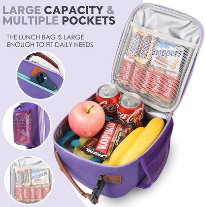 Lunch Box for Kids Girls Teen Women Men Adults,Insulated Lunch Bag with Bottle Holder,Small Lunch Box Cooler Lightweight Reusable LunchBox for Work Office School Travel Picnic-Purple