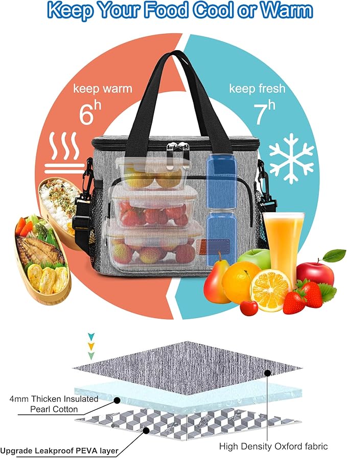 Femuar Lunch Bags for Women/Men, Insulated Lunch Bag for Work Office Picnic - Lunch Cooler Bag Leakproof Lunch Box with Adjustable Shoulder Strap - Grey(8.7L)