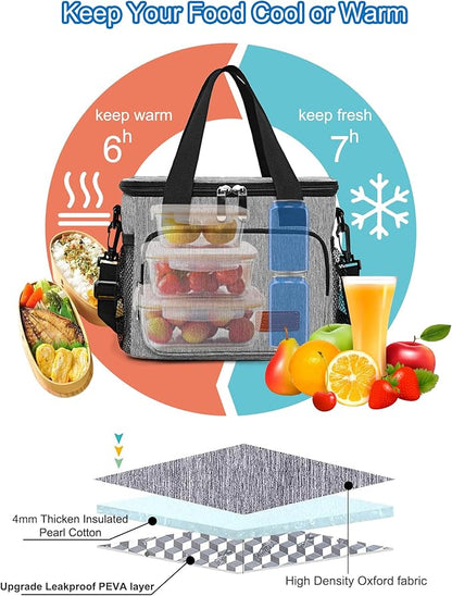 Femuar Lunch Bags for Women/Men, Insulated Lunch Bag for Work Office Picnic - Lunch Cooler Bag Leakproof Lunch Box with Adjustable Shoulder Strap - Grey(8.7L)