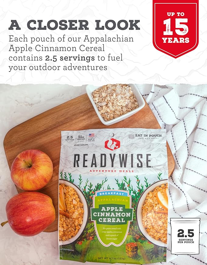 READYWISE - Outdoor Apple Cinnamon, 2.5 Servings, Pack of 1, Emergency Preparedness, Freeze Dried Food, MRE, Snack Pack, Survival Food, Emergency Food for Backpacking, Camping, and Hiking