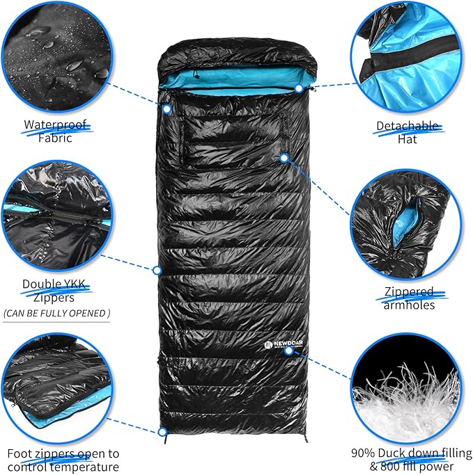 NewDoar Urltra-Light Camping Sleeping Bag 800FP White Goose Sown Spring Summer Outdoor Autumn Mummy Sleeping Bag for Hiking Tent