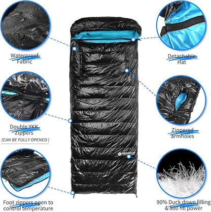 NewDoar Urltra-Light Camping Sleeping Bag 800FP White Goose Sown Spring Summer Outdoor Autumn Mummy Sleeping Bag for Hiking Tent