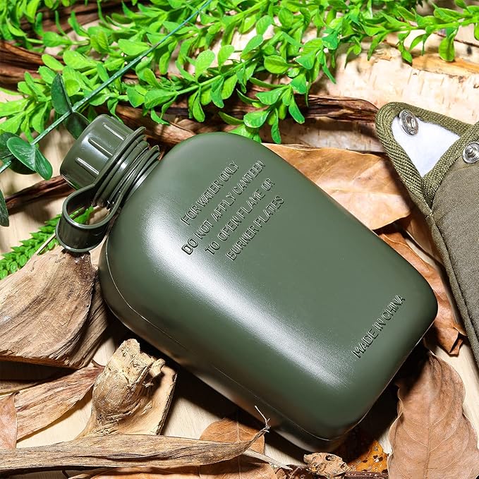 1 Quart Plastic Canteen Military Canteen Portable Military Water Bottle with Bottle Pouch Cotton Cover Bag and Waist Belt for Backpacking Hiking Camping Climbing Outdoor Activities