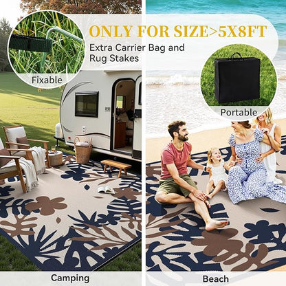 MontVoo Outdoor Rug Waterproof 6x9 ft RV Outdoor Rug for Camping Picnic Mat Outdoor Patio Rug Carpet Plastic Straw Reversible Floral Navy Orange
