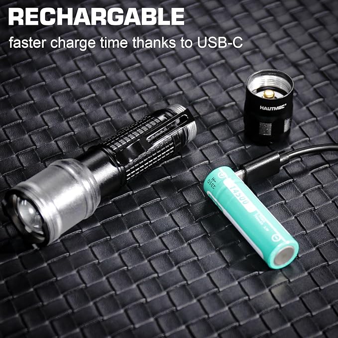 HAUTMEC 700 Lumens Rechargeable Flashlights Waterproof LED Flashlight with Zoomable Beam Bright Tactical Pocket Flashlight Torch with Adjustable 4 Modes for Camping, Outdoor, Hiking, Emergency