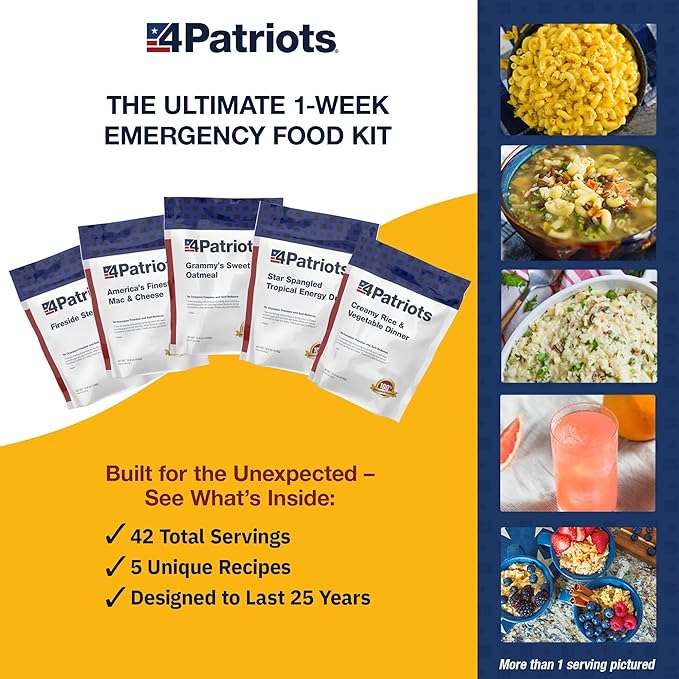 4Patriots: 1-Week Emergency Food Supply Survival Kit, Perfect for Camping, Freeze-Dried Preparedness Food, Designed to Last 25 Years, Be Ready with 42 Servings of Delicious Breakfast, Lunch, & Dinner