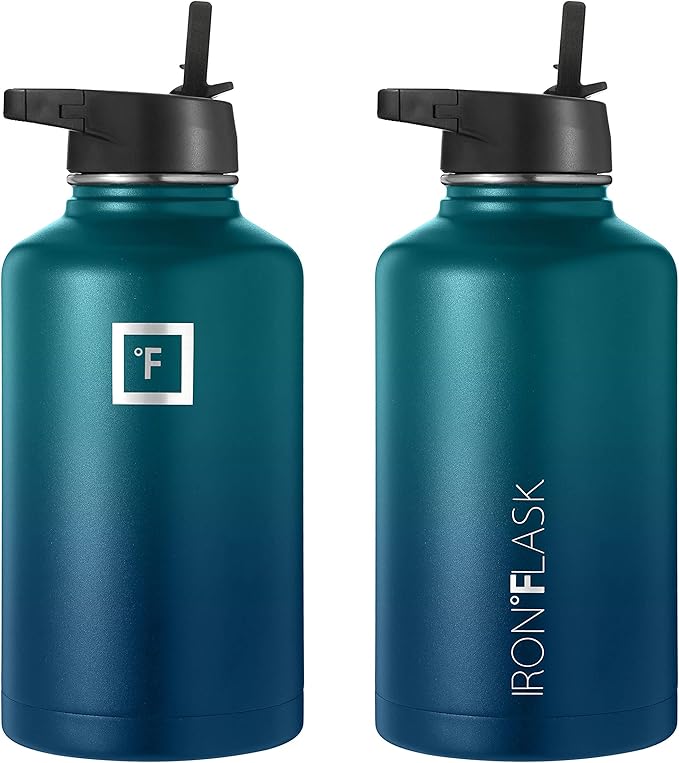 IRON °FLASK Camping & Hiking Hydration Flask, Wide Mouth, 3 Straw Lids, Stainless Steel Outdoor Water Bottle, Double Walled, Insulated Thermos, Metal Canteen - Dark Night, 64 Oz