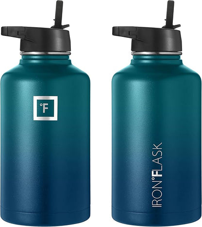 IRON °FLASK Camping & Hiking Hydration Flask, Wide Mouth, 3 Straw Lids, Stainless Steel Outdoor Water Bottle, Double Walled, Insulated Thermos, Metal Canteen - Dark Night, 64 Oz