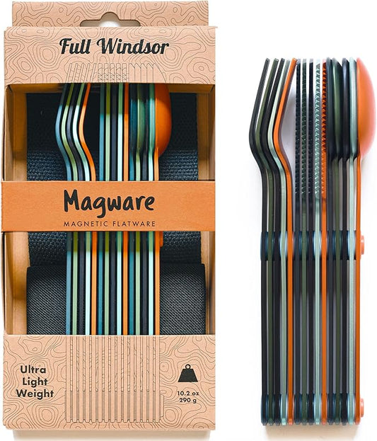 MAGWARE Magnetic Camping Utensils Set - Portable & Reusable Metal Travel Flatware with a Case for Camping, Picnic, Office & Kid's Lunchbox | Camping Cutlery Set | Knife, Fork & Spoon (15 PCS)