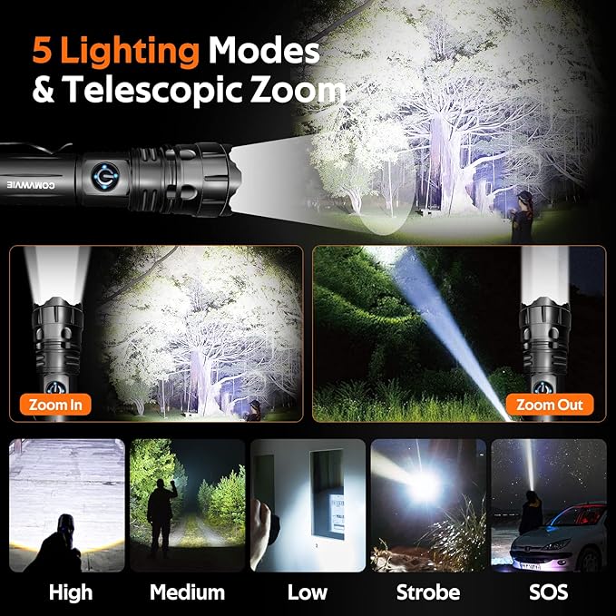 Flashlights Rechargeable High Lumens LED Tactical Flashlight NIGHT Turns Into DAY , High Powered Handheld Flashlights,5 Modes Zoomable Waterproof Flash lights for Emergencies Camping Hiking Gift