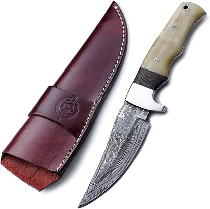 Handmade Damascus Steel Knife for Hunting,Survival,Camping,Bushcraft and Fishing Fixed Blade Dagger with Drop point Full Tang Micarta Handle, Leather Sheath - WKD-791