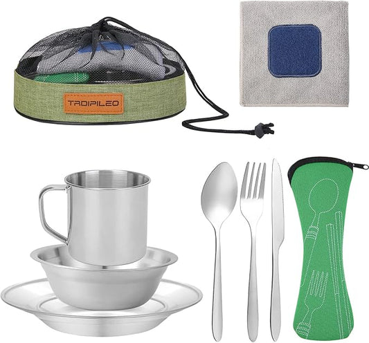 Camping Cutlery Set, 8 Piece Stainless Steel Cutlery Set Including Cutlery Spoons Mug Bowls & Plates Rags, Organizer Straps Easy to Carry for Backpacking, Camping, Hiking and Picnics