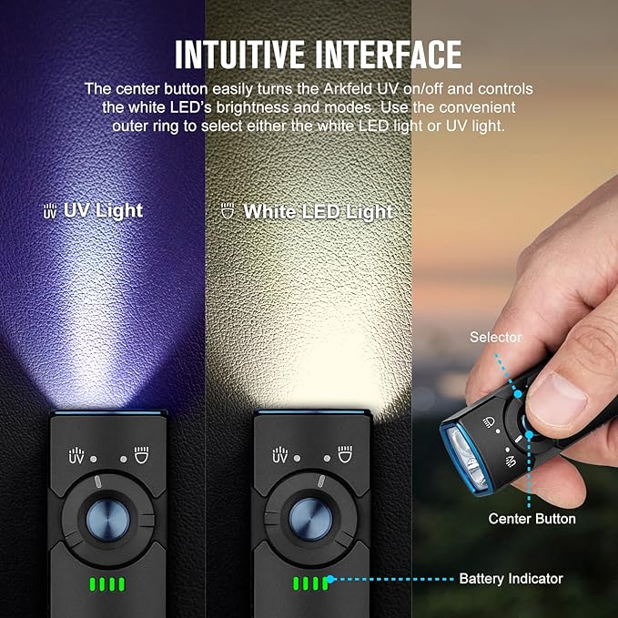 OLIGHT Arkfeld UV 365nm Black Light Flashlight, 1000 Lumens, Rechargeable, Portable, Battery Powered, Detection of Pet Urine, Stains, Fluorescent Agents, Banknotes