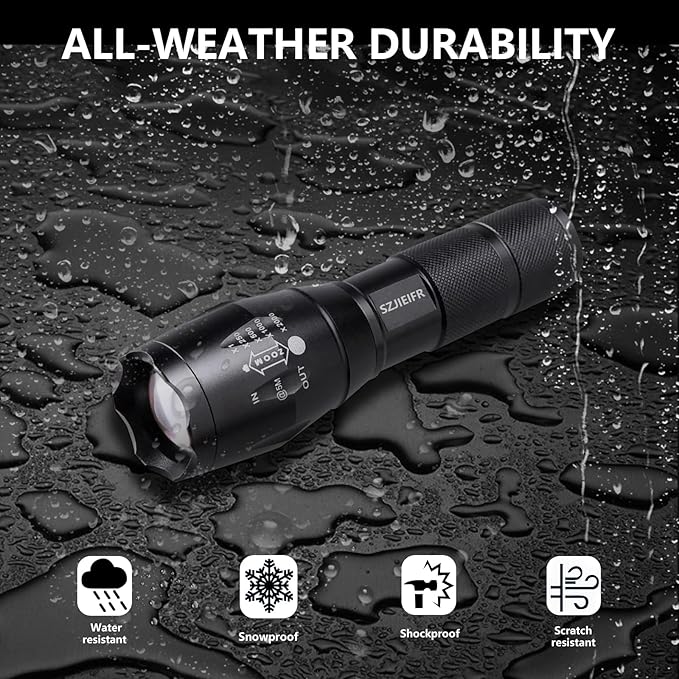 18650 Lightweight Flashlight Military Flashlight LED Pocket Flashlight Handheld Powerful Flashlight,5 Modes Zoomable, Aluminum Alloy,Waterproof for Home and Outdoor