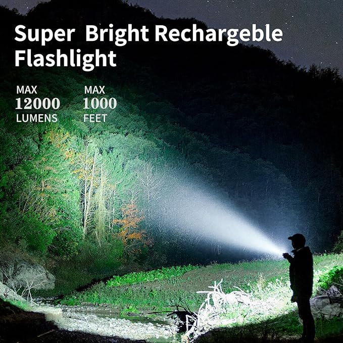 LED Flashlight Rechargeable, High Lumens Small Tactical Flash Light with COB Sidelight & Hook, Powerful Zoomable Handheld Flashlights for Camping, Dog Walking, Hiking, Emergencies, Home
