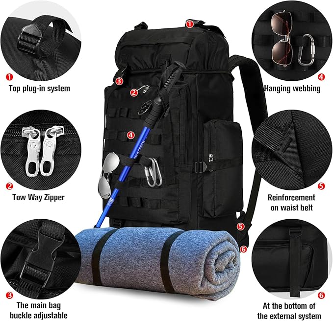 70L/100L Large Camping Hiking Backpack with Rain Cover, Waterproof Molle Rucksack Military Tactical Backpack, Lightweight Backpacking Backpack for Trekking Climbing Outdoor