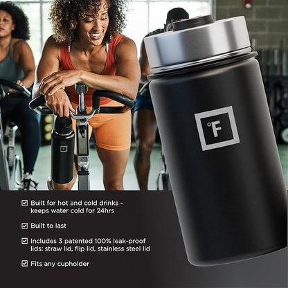 IRON °FLASK Camping & Hiking Hydration Flask, Wide Mouth, 3 Straw Lids, Stainless Steel Outdoor Water Bottle, Double Walled, Insulated Thermos, Metal Canteen - Midnight Black, 14 Oz