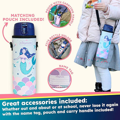 Stainless Steel Water Bottle Kids 12 oz With Carrying Pouch| Insulated Water Bottle For Kid, Toddler, Girls, Boys or Teen | Leakproof, BPA-Free | Little Metal Tumbler for School | Mermaid Girl