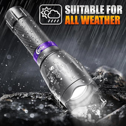 2 Pack LED Flashlights High Lumens with 6 AAA Batteries, 5 Modes Mini Waterproof Tactical Flashlight for Camping Hiking, Bright Flashlight with Zoomable, Fathers Day Dad Gifts for Him, Grey & Purple