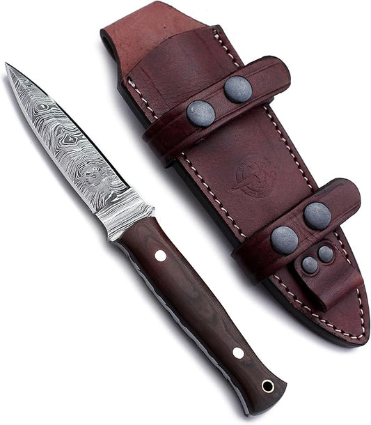 Handmade Damascus Steel Knife for Hunting,Survival,Camping,Bushing and Fishing, Fixed Blade Spear point Full Tang Micarta Handle with Cowhide-Leather Sheath -WKD-800