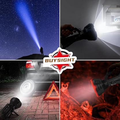 BUYSIGHT Rechargeable Spotlight Flashlight, 1000,000 lumens 600 Yards Range IP65 Waterproof Spot Lights Handheld Large searchlight with red Lens Side Flood Light Light USB C Recharge (Black Plus)