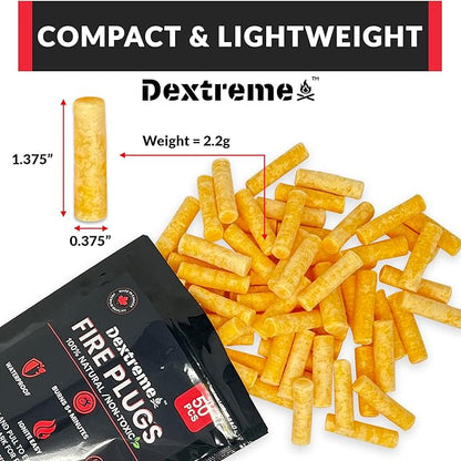 Dextreme Fire Plugs (200 Plugs) Waterproof Fire Starter for Campfires, Emergencies, Survival, Fire Pits, Grills | 5+ Minute Burn | All Natural | Made in North America