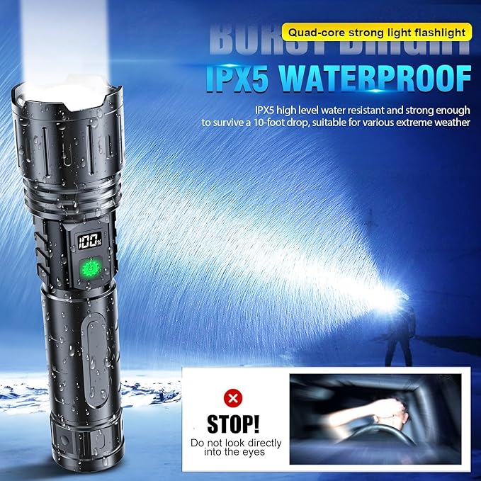 Flashlights 20000 High Lumens Rechargeable - 20H Runtime 1500 Meters Long Beam Super Bright LED Flash Light with Power Display & IPX5 Waterproof for Camping, 5 Modes, Zoomable Handheld Flashlight,2pcs