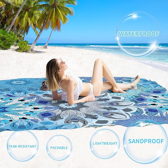 BYDOLL Beach Blanket Sandproof Waterproof 78''×81'' 1-4 Adults Compact Lightweight Oversized Beach Blanket Large Picnic Mat Beach Blanket for Travel Camping Hiking Picnic