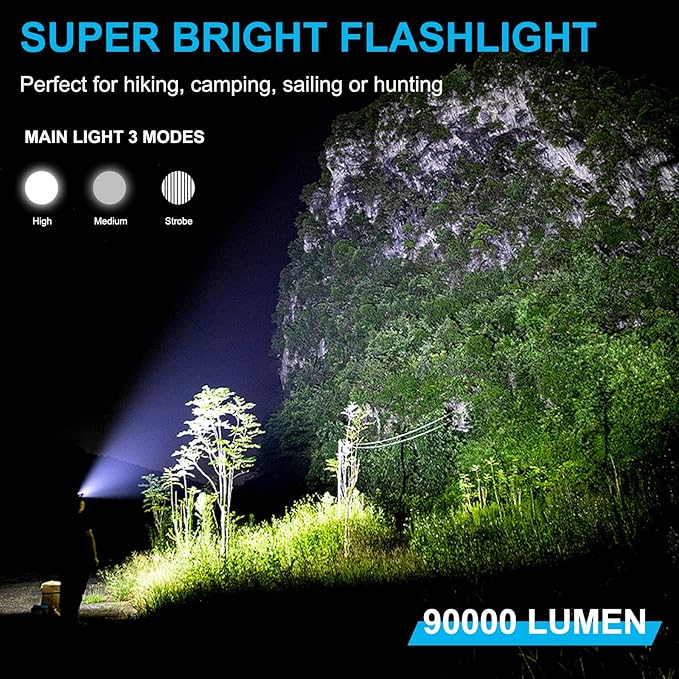 GRC Rechargeable Spotlight, 90000 Lumens Super Bright Handheld Spotlight Flashlight with Solar Panels, Led Spot Lights for Outdoor,Hunting,Camping,Boating