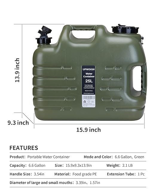Camping Water Container, 6.6 Gallon Big Water Jug(25L), Truly No Leakage Water Storage, Military Green Water Tank,BPA Free Overlanding Gear