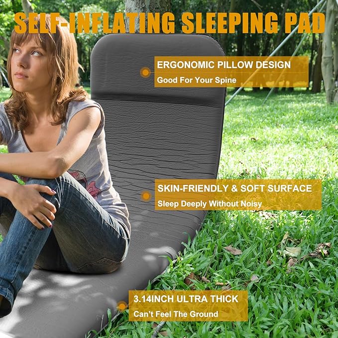 Self Inflating Sleeping Pad with Electric Pump, 3.14" Ultra-Thick Memory Foam Camping Mattress Pad with Pillow Fast Inflating in 30s,9.5 R-Value Insulated Camping Pad for Camping Car Travel Tent,Grey