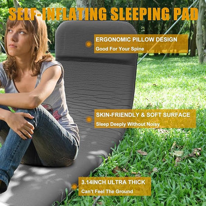 Self Inflating Sleeping Pad with Electric Pump, 3.14" Ultra-Thick Memory Foam Camping Mattress Pad with Pillow Fast Inflating in 30s,9.5 R-Value Insulated Camping Pad for Camping Car Travel Tent,Grey