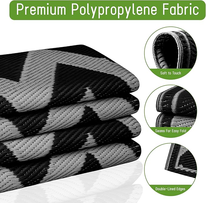 Easy-Going Reversible Outdoor Rugs 4x6ft Waterproof Plastic Straw Rug Stain & UV Resistant Floor Mat for Patio Porch RV Backyard Pool Deck Picnic Beach Trailer Camping (Waved Black & Light Grey)