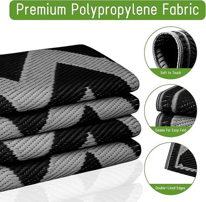 Easy-Going Reversible Outdoor Rugs 4x6ft Waterproof Plastic Straw Rug Stain & UV Resistant Floor Mat for Patio Porch RV Backyard Pool Deck Picnic Beach Trailer Camping (Waved Black & Light Grey)