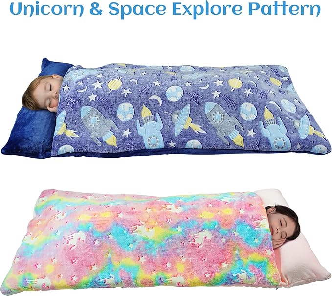 Sleeping Bag for Kids Glow in The Dark Slumber Bag for Girls and Boys Toddler Nap Mats, 62" x 28" Soft and Comfortable for Sleepover, Daycare, Preschool, Kindergarten