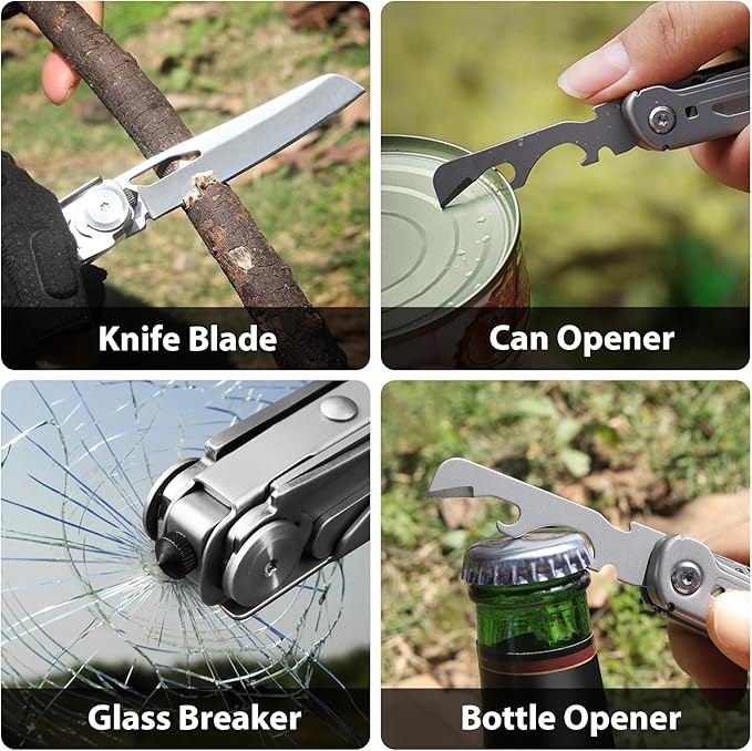 9-in-1 Multi Tool, Pocket Knife, Multitool Folding Knife for Camping Hiking Survival Fishing, Stainless Steel Lockable Multitool Knife Saw Scissors Bottle Opener Wire Stripper Glass Breaker