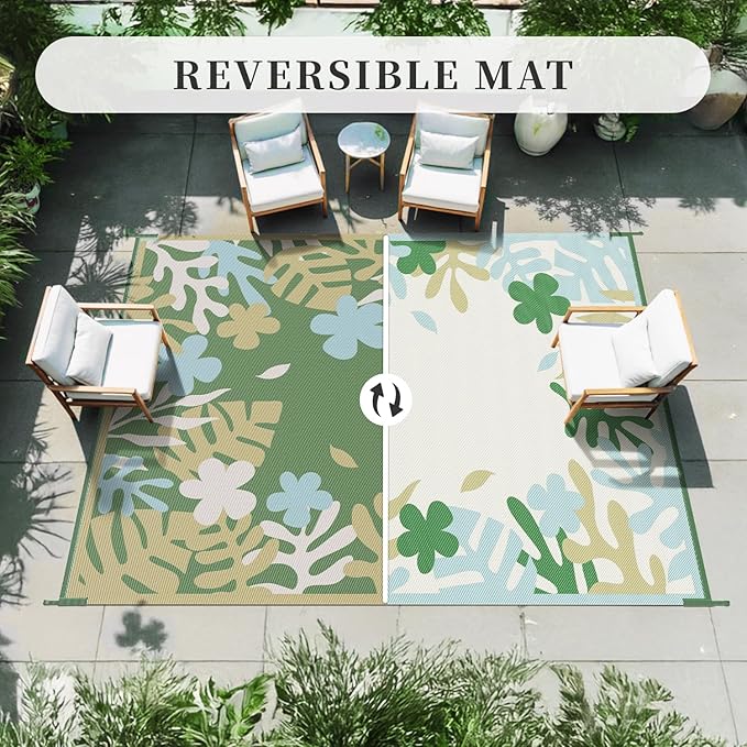 MontVoo Outdoor Rug Waterproof 8x10 ft RV Outdoor Rug for Camping Picnic Mat Outdoor Patio Rug Carpet Plastic Straw Reversible Floral Green Yellow