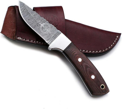 Handmade Damascus Steel Knife Bowie for Hunting,Survival Camping,Bushcraft,and Fishing,Fixed Blade Dagger with Drop point Full Tang Micarta Handle, Leather Sheath - WKD-807