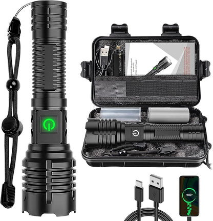 Flashlights High Lumens Rechargeable (Battery Included), 100000 Lumens XHP70.2 Super Bright LED Flashlight with Holster, Type-C, 5 Modes, Zoomable, IPX6 Waterproof Flashlights for Emergency Camping