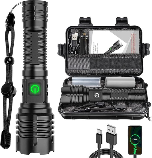 Flashlights High Lumens Rechargeable (Battery Included), 100000 Lumens XHP70.2 Super Bright LED Flashlight with Holster, Type-C, 5 Modes, Zoomable, IPX6 Waterproof Flashlights for Emergency Camping