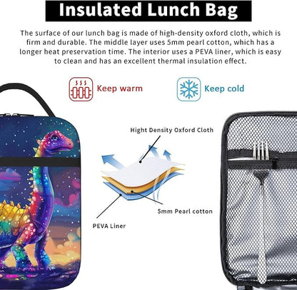 SARA NELL Dinosaur Insulated Lunch Bag Cute Dino Rainbow Tie Dye Body in Magic Sparkle Space Lunch Box for Women Men Teens Kids, Reusable Lunch Tote Bag