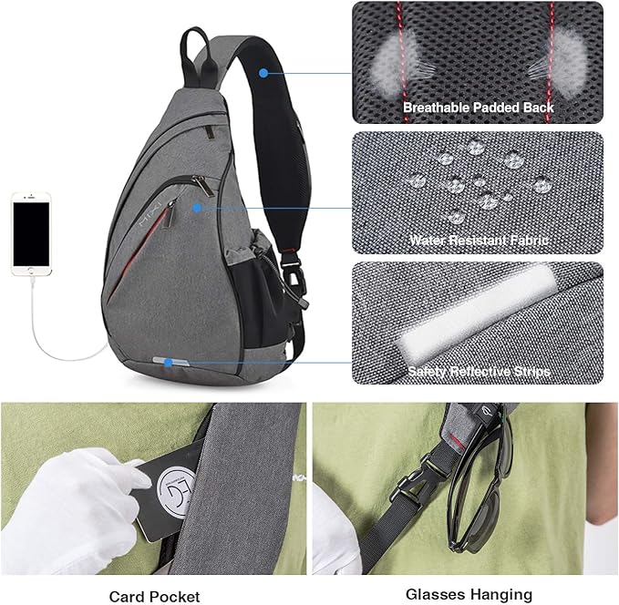 Hanke Sling Bag Men Backpack Unisex One Shoulder Bag Hiking Travel Backpack Crossbody with USB Port Versatile Casual Daypack