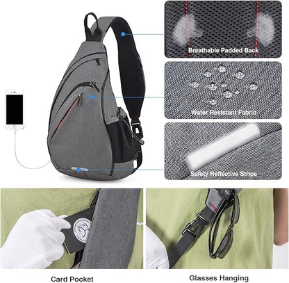 Hanke Sling Bag Men Backpack Unisex One Shoulder Bag Hiking Travel Backpack Crossbody with USB Port Versatile Casual Daypack