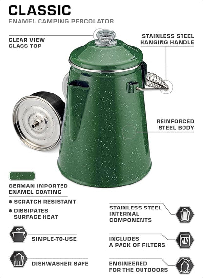 COLETTI Classic Percolator Coffee Pot — Camping Coffee Percolator, Campfire Coffee Pot – Camping Percolator for Groups — Brew for the Whole Campsite (Green, 12 Cup)