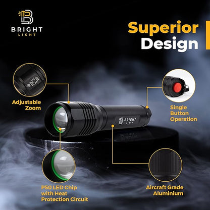 Bright Light Tactical Flashlight - Battery Powered AA Flashlight, 1200 Lumens, 5 Modes, P50 LED, High Contrast, Won't Get Hot, Zoom, Weatherproof, Billet Aluminum, Ideal for Camping and Emergency