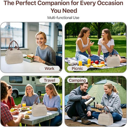 Bagseri Insulated Lunch Bag Women - Reusable Leakproof Thermal Cooler Sack Food Handbags Case High Capacity for Work and Picnic (Khaki White Stripe)