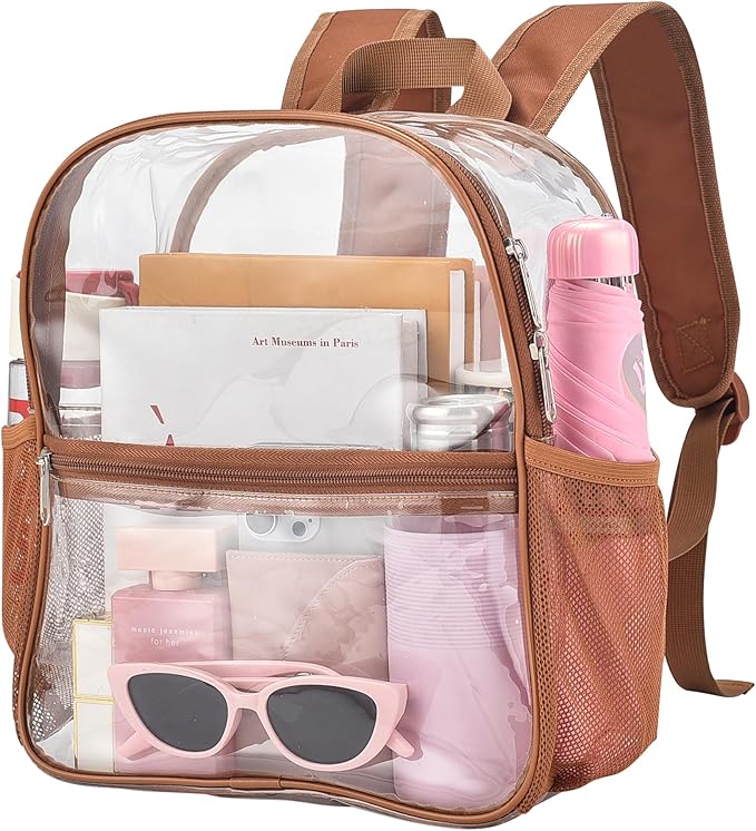 Oraben Clear Backpack for Stadium Events Clear Stadium Backpack 12x6x12 Bag (Enhanced Strap, Coffee Brown)