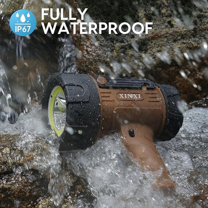 XINXI 1000,000 Lumens Rechargeable Spotlight with COB Floodlight, 6 Light Modes and USB Charger for Hiking, Boating, Hunting, IP67 Waterproof Handheld Flashlight with red Filter(Brown)