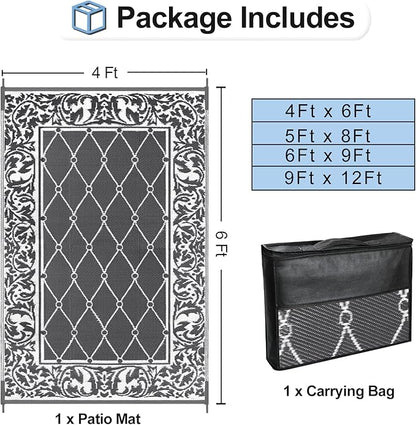 OutdoorLines Indoor Outdoor Rugs for Patio 4x6 ft - Reversible Outside Carpet, Stain & UV Resistant Portable RV Mats, Plastic Straw Rug for Camping, Pool Deck, Porch Rhombus Gray & White